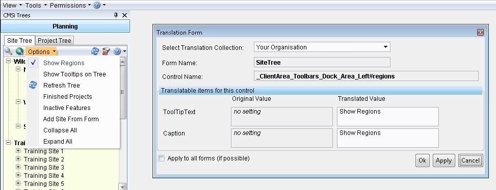 Translate tree menu options